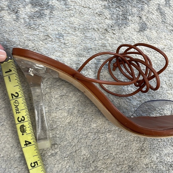 Larroude Gloria Sandal In Caramel Leather and Vinyl Ankle Wrap Clear Heel 7 - Picture 15 of 16